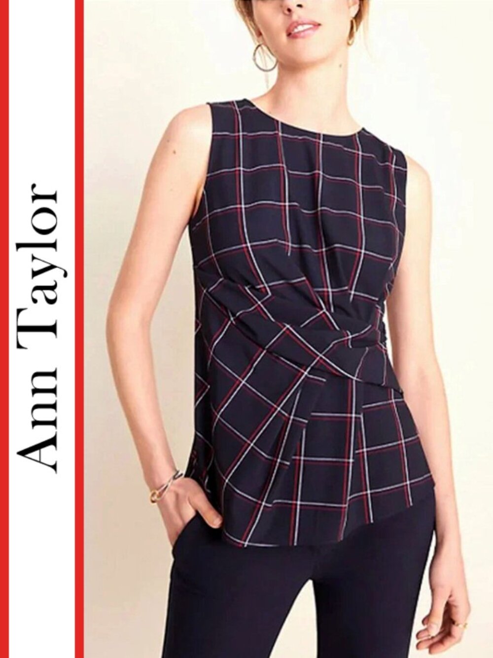 Ann Taylor | Window Pane Twist Front Blouse Top